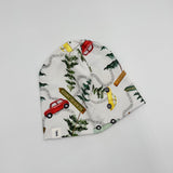 Canadian Trip baby beanie hat with NBL label and red mini car and Newborlander sign print, Made in Canada
