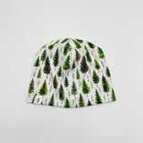 Christmas Pine baby beanie hat with NBL label, evergreen tree print, Made in Canada