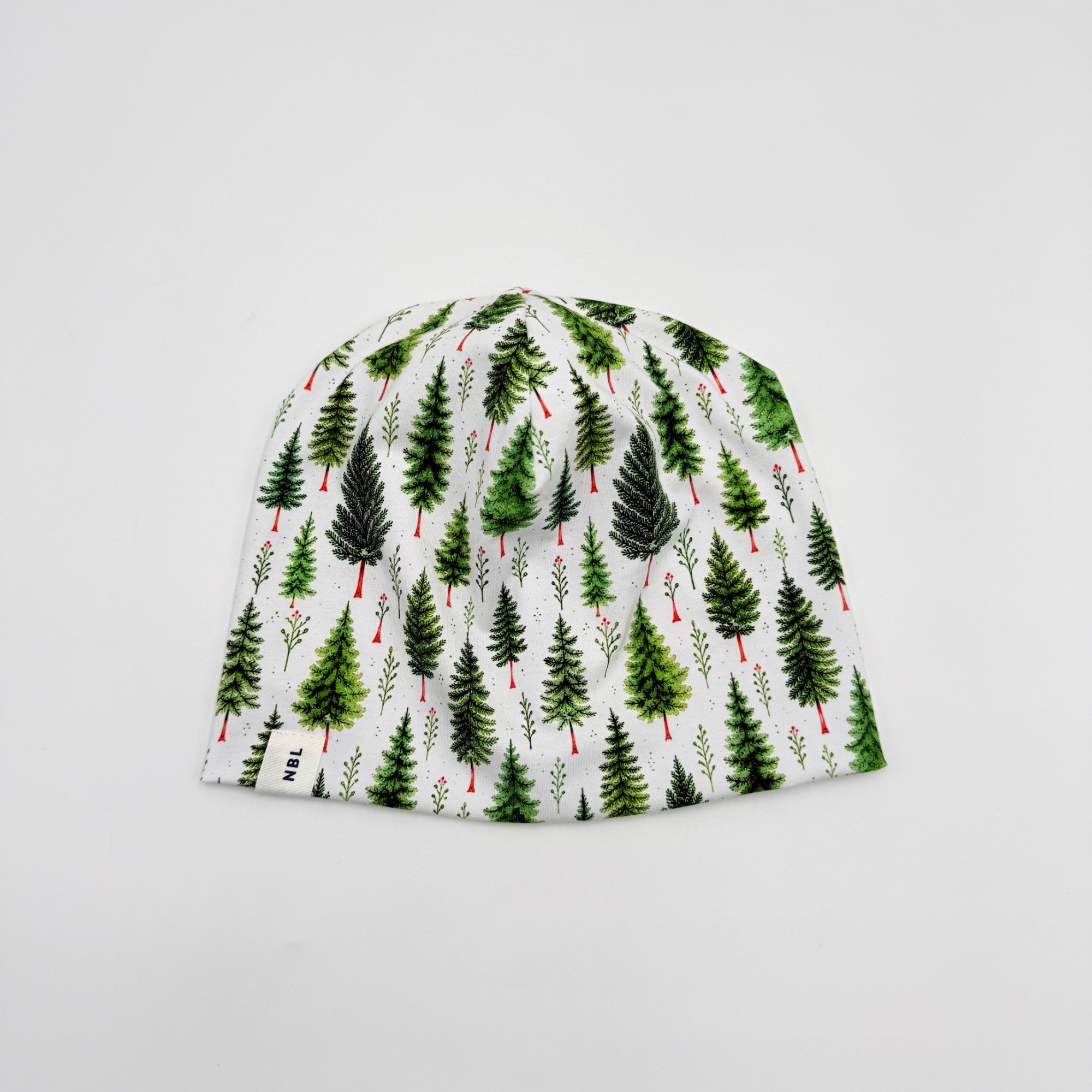 Christmas Pine baby beanie hat with NBL label, evergreen tree print, Made in Canada