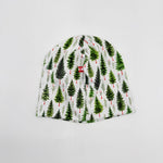 Handmade Christmas Pine beanie hat, pine tree print with Canadian flag label, back view