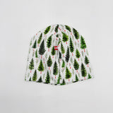 Handmade Christmas Pine beanie hat, pine tree print with Canadian flag label, back view