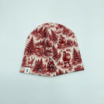 Handmade Christmas Scene beanie hat with NBL label, red Santa toile print, Made in Canada
