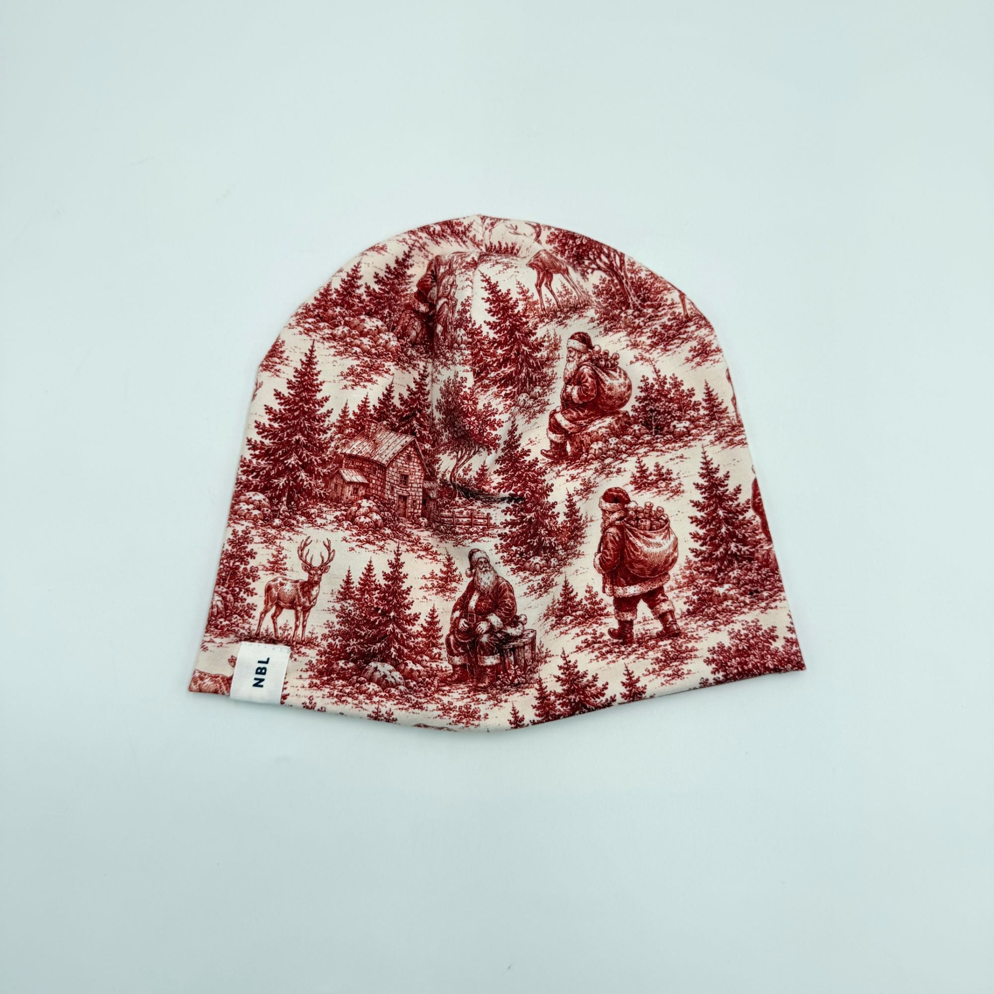 Handmade Christmas Scene beanie hat with NBL label, red Santa toile print, Made in Canada